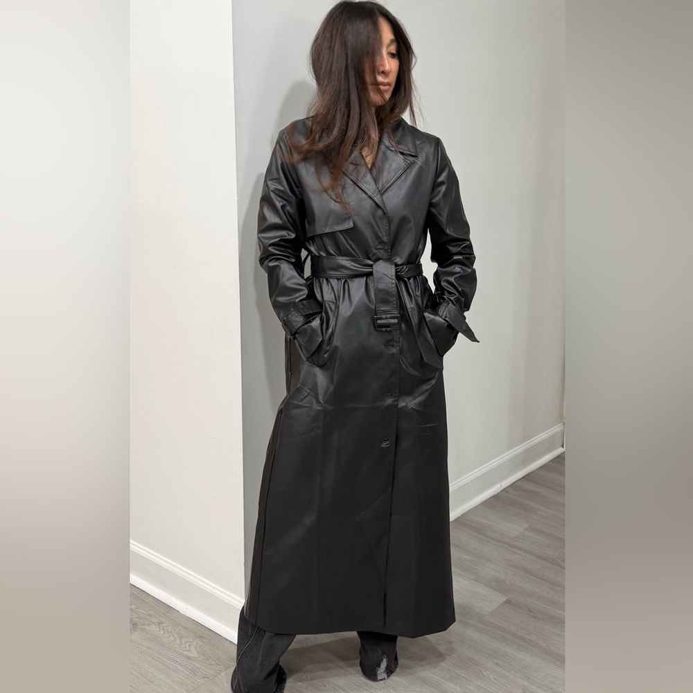 Black Fabulous Faux Leather Long Trench Coat - Picture 3 of 7